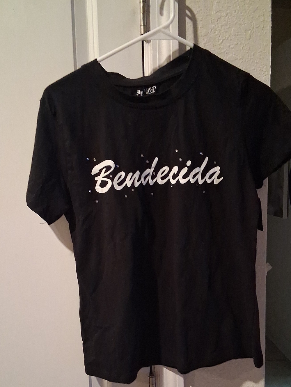 Ashley Blue Black Tee with White "Bendecida" Script